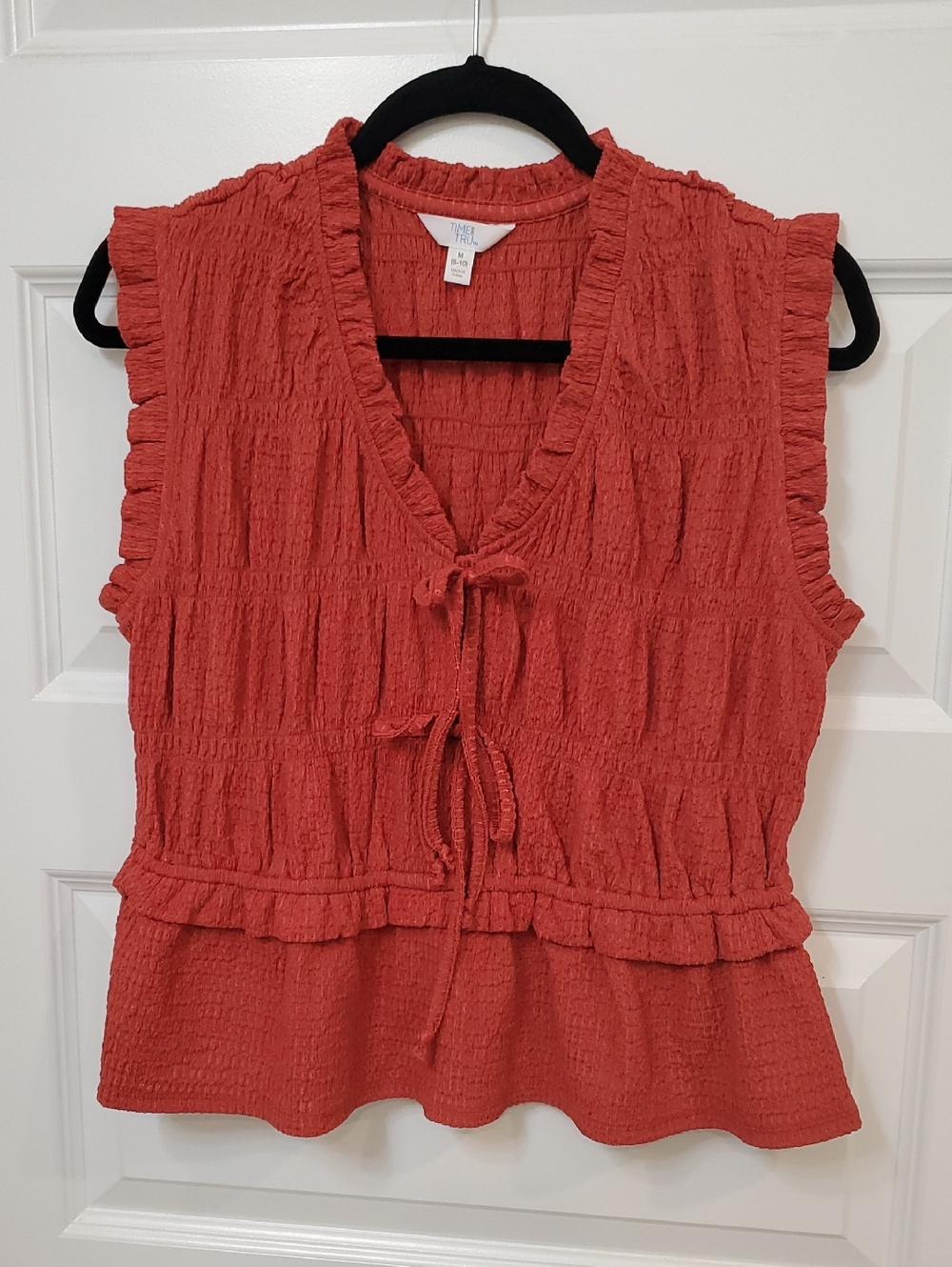 Time and Tru Rust Textured Ruffle Tie-Front Sleeveless Top